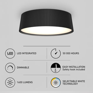 Round black Artika Groove 13 in. Modern LED Flush Mount Ceiling Light, 1600 lumens, selectable CCT, dimmable, easy install, 50,000-hour lifespan.
