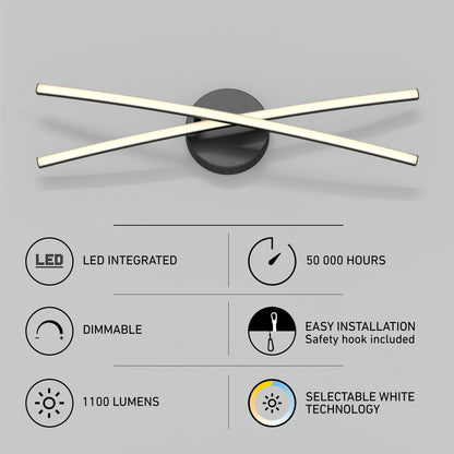 The Artika Orly modern LED bathroom vanity light 3 CCT features two intersecting bars, integrated LED, 50,000-hour lifespan, dimming, easy installation, 1100 lumens brightness, and selectable white color temperatures.