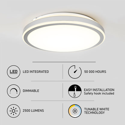 The Artika Altitude 15 in. LED modern flush mount light offers LED integration, 50,000-hour lifespan, dimmable brightness, easy installation with safety hook, 2,500 lumens output, and 5 CCT tunable white technology.