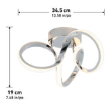 Modern ceiling light fixture with two intertwined LED rings and a chrome finish. The fixture is 34.5 cm (13.58 in) wide and 19 cm (7.48 in) high, as indicated by labeled arrows.