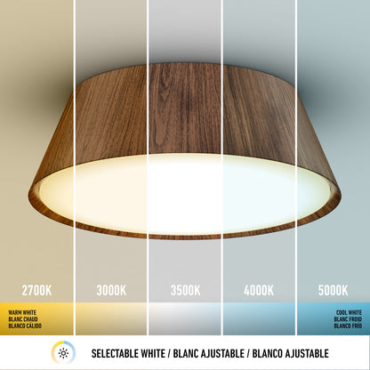 The Artika Dunham 15 in. LED flush mount light features a wooden trim and displays five white light temperatures (2700K, 3000K, 3500K, 4000K, 5000K), ranging from warm to cool.