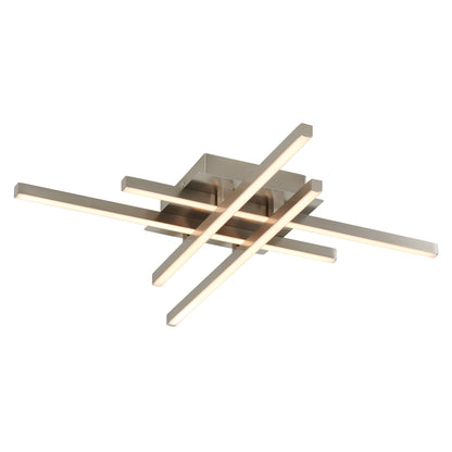 The Artika Grid LED flush mount features a sleek, contemporary design with a square metallic base and four intersecting horizontal LED bars arranged in a crisscross pattern.