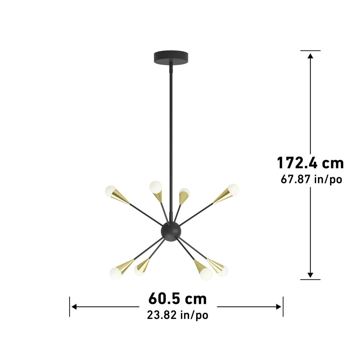 A black and gold sputnik-style chandelier with six exposed bulbs. The fixture measures 172.4 cm (67.87 in) tall and 60.5 cm (23.82 in) wide, with dimensions shown by arrows.