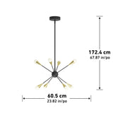 A black and gold sputnik-style chandelier with six exposed bulbs. The fixture measures 172.4 cm (67.87 in) tall and 60.5 cm (23.82 in) wide, with dimensions shown by arrows.