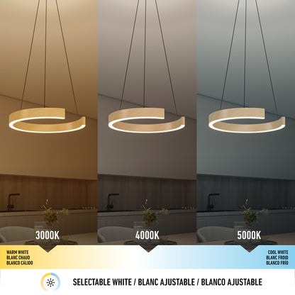A modern circular pendant light shown in three color temperatures: warm white (3000K), neutral white (4000K), and cool white (5000K), hanging over a kitchen table with a minimalist background.