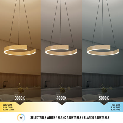 Three side-by-side images show the Artika Vance modern LED pendant light 3 CCT above a dining table, illustrating its three color temperatures: warm white (3000K), neutral white (4000K), and cool white (5000K).