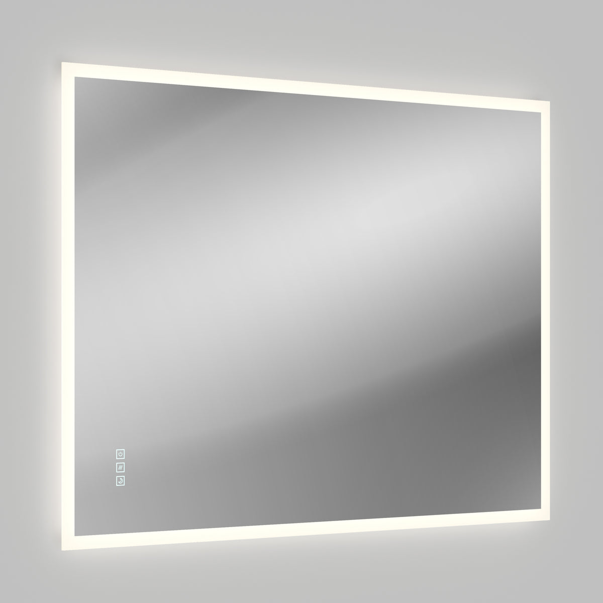 The Artika Mavis 48" x 36" Rectangular LED Mirror with 3CCT and Defogger is mounted on a light gray wall. Three small touch control icons are visible in the lower left corner of its glowing LED border.