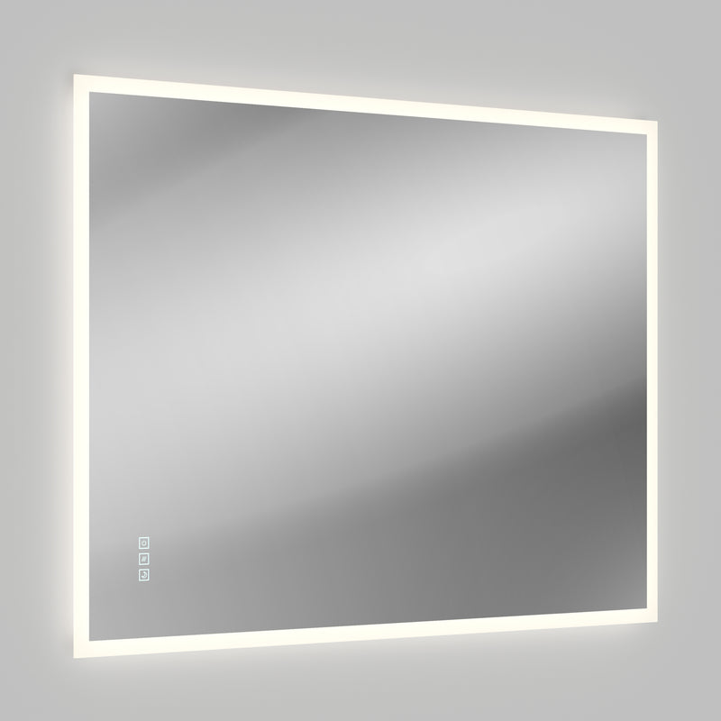 The Artika Mavis 48" x 36" Rectangular LED Mirror with 3CCT and Defogger is mounted on a light gray wall. Three small touch control icons are visible in the lower left corner of its glowing LED border.