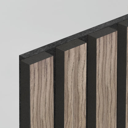 Close-up of the Artika Sonolok sound-absorbing wall panel kit, showing alternating vertical strips of wood-patterned and solid black material, viewed at an angle against a plain light gray background.