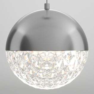The Artika Carat LED pendant light 3 CCT features a metallic dome top and a faceted, crystal-like lower half, emitting a bright, diffused glow against a plain light gray background.