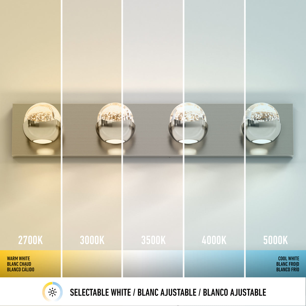 A wall-mounted light fixture with four bulbs, each glowing in different white tones from left to right: warm (2700K), neutral (3000K, 3500K, 4000K), and cool (5000K). Text labels show temperature and color names.