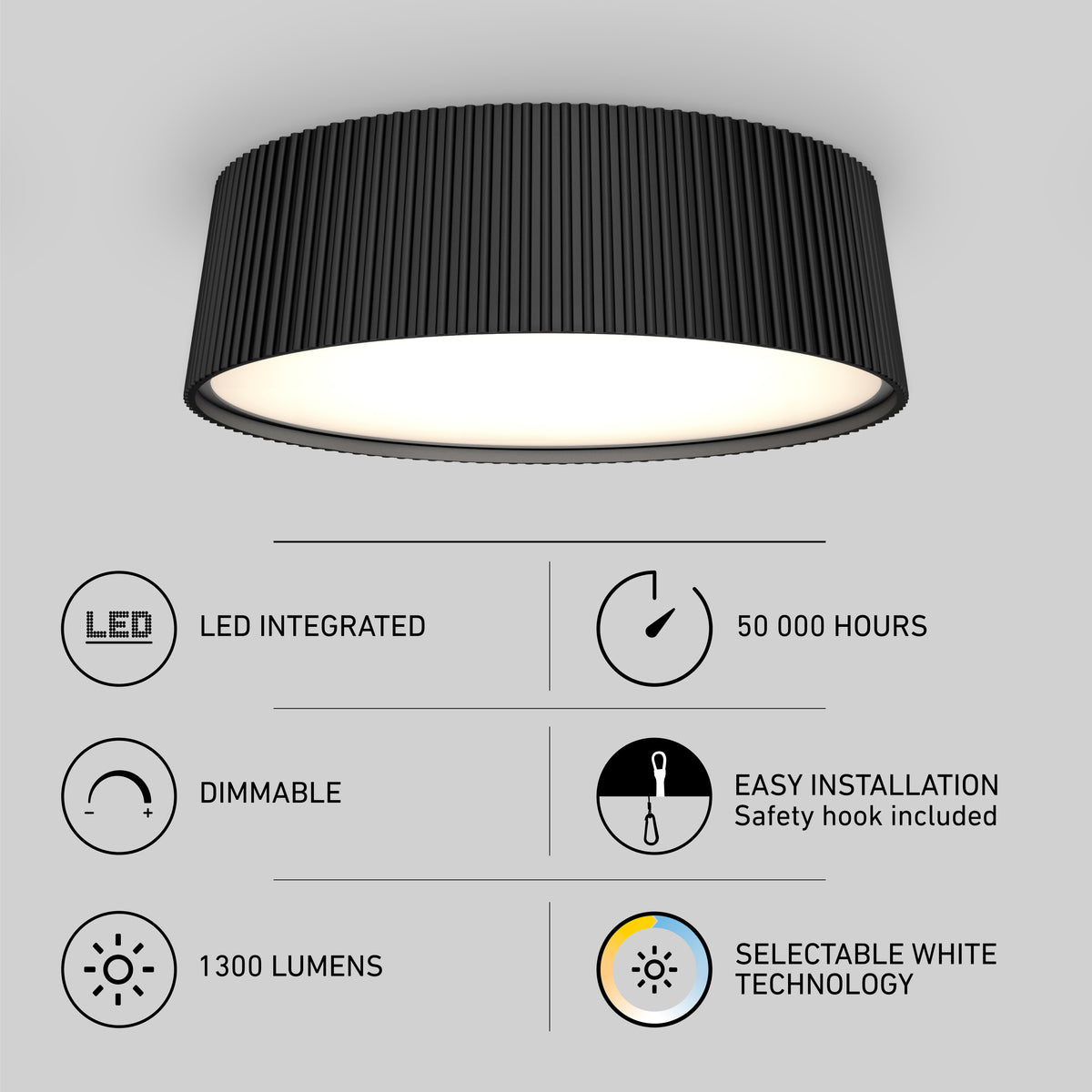 Black, round ceiling light with ribbed sides, emitting white light. Infographic highlights: LED integrated, 50,000 hours lifespan, dimmable, 1300 lumens, easy installation with safety hook, and selectable white technology.