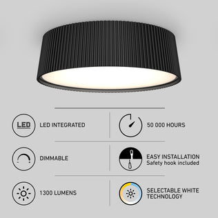 The Artika Groove 13 in. LED modern flush mount light features a black ribbed design, selectable white technology (5 CCT), 1300 lumens, integrated LED with 50,000-hour lifespan, dimming capability, and easy installation.