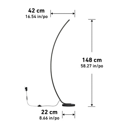 A side view of the Artika Arc LED Floor Lamp shows its modern arched design with a height of 148 cm, base width of 22 cm, and curve width of 42 cm. A cord and plug extend from the base of this elegant floor lamp.