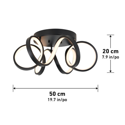 The Artika Swirl Ribbon flush mount light features modern looping LED arms in black, measuring 50 cm (19.7 in) wide and 20 cm (7.9 in) tall, with labeled arrows indicating dimensions.