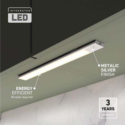 Artika’s Outline under cabinet LED light 3CCT, featuring a slim metallic silver design, mounts under dark cabinets. Energy efficient and bulb-free, it includes a 3-year warranty.