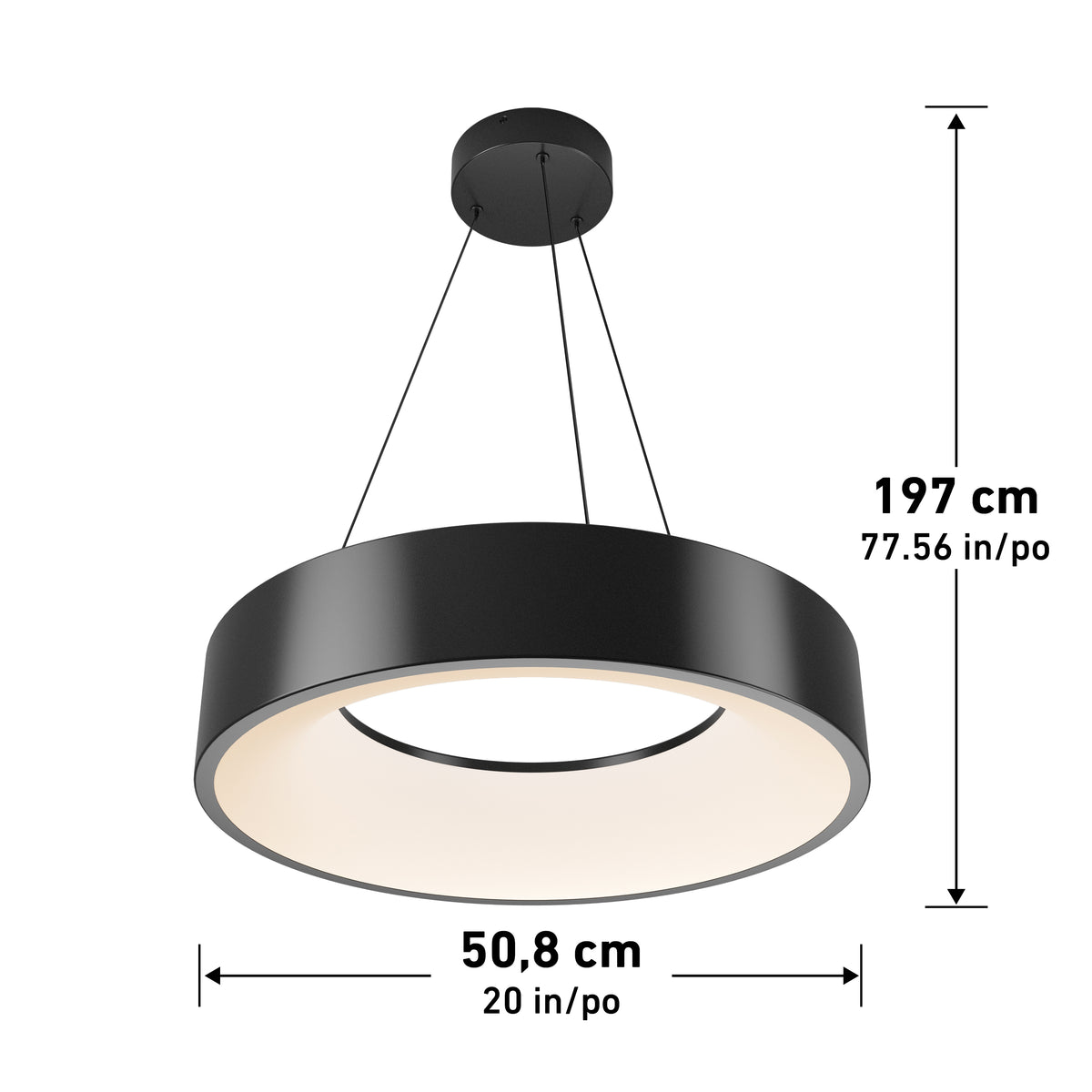 A modern black circular pendant light with three suspension wires. The diameter is 50.8 cm (20 in) and the total hanging height is 197 cm (77.56 in). The light has a white inner surface.