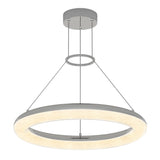 A modern, circular LED pendant light with a frosted, glowing ring suspended by four thin cables from a round ceiling mount.