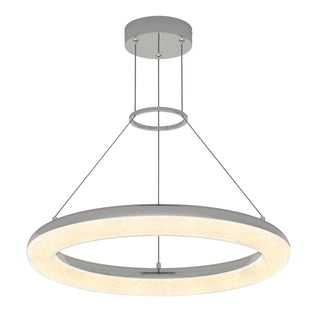 The Artika Famous Optical LED pendant light 5 CCT features a frosted illuminated ring suspended by four slim cables from a round ceiling mount, offering a sleek and contemporary look.