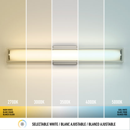 The Artika Venicia LED Wall Sconce is shown in five sections, each illustrating a unique color temperature from warm white (2700K) to cool white (5000K), with labels and descriptions detailing each shade.