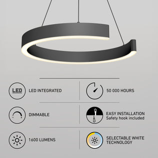 Artika Vance modern LED pendant light with 1600 lumens, 3 CCT, 50,000-hour lifespan, dimmability, and easy installation.