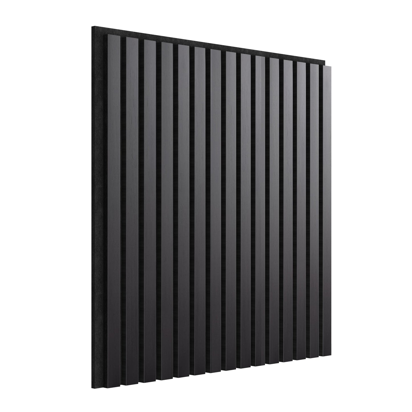 The Artika-CAN-dev Sonolok 15.5 ft sound-absorbing wall panel kit features black vertical slats, evenly spaced and shown at an angle against a white background.