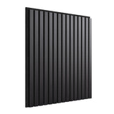 A black vertical slat wall panel with evenly spaced rectangular slats, shown from an angle against a plain white background.