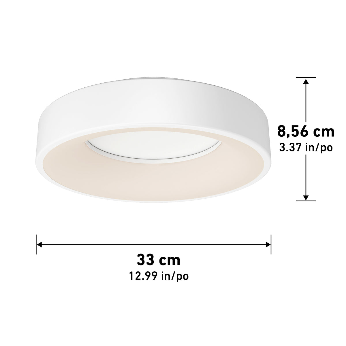 A round, white ceiling light fixture with dimensions labeled: 8.56 cm (3.37 in) in height and 33 cm (12.99 in) in diameter.