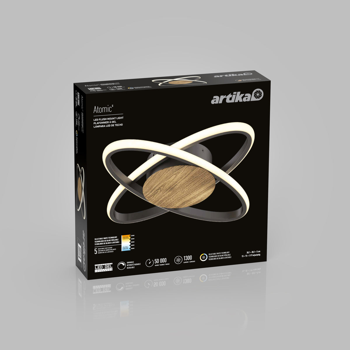 A black Artika box displays the Atomic LED ceiling light with interlocking rings and a wood finish base. Key features are shown, including brightness, energy efficiency, and lifespan.
