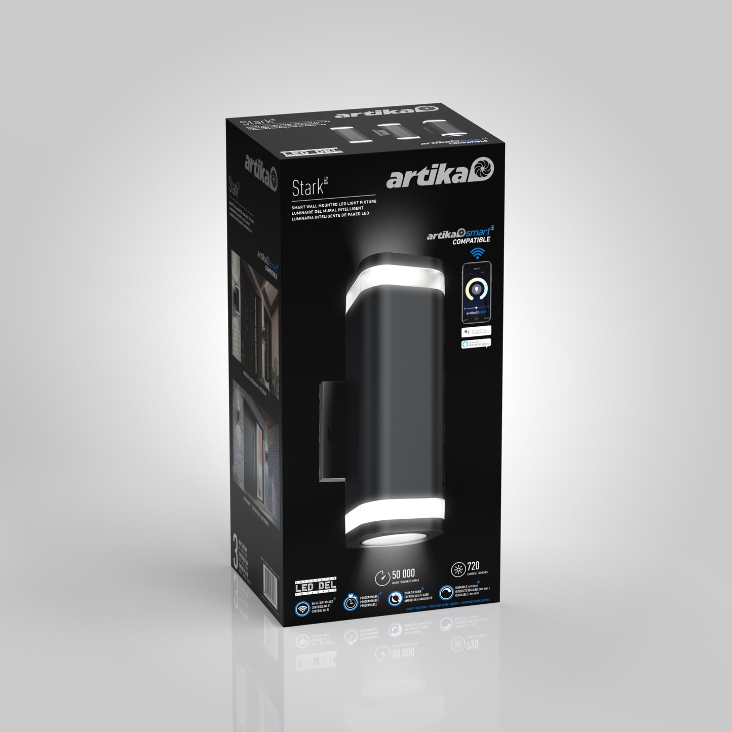 A black retail box showcases the Artika Stark modern LED indoor-outdoor light with wi-fi, featuring a sleek cylindrical fixture with illuminated ends, product info, and smart control icons on a light gray background.