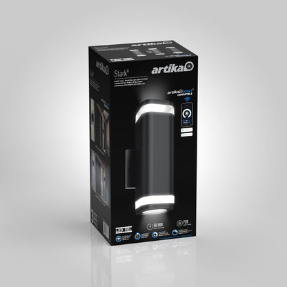 A black retail box showcases the Artika Stark modern LED indoor-outdoor light with wi-fi, featuring a sleek cylindrical fixture with illuminated ends, product info, and smart control icons on a light gray background.