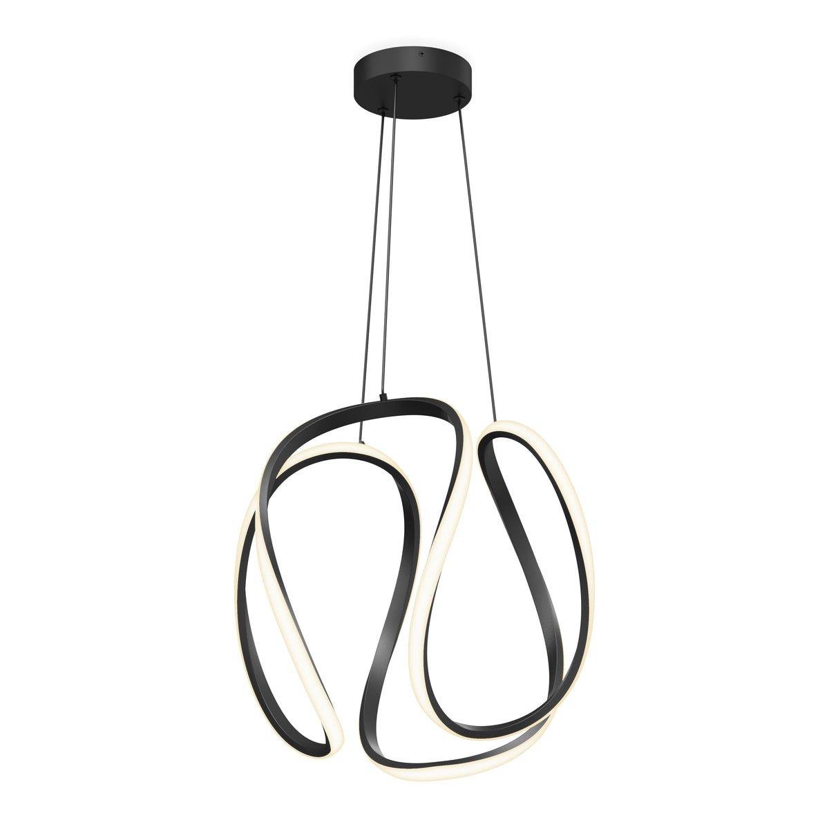 A modern pendant light fixture with an abstract, looping black metal frame featuring integrated LED lights along the inner edges, suspended by two thin cables from a round black ceiling mount.