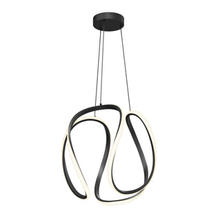 The Artika Vivaldi Big LED pendant light features a looping, abstract design with black and white LED strips, suspended from the ceiling by three thin black cords and a round black canopy.