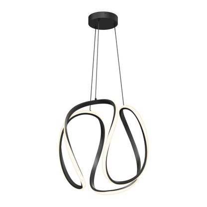 The Artika Vivaldi Big LED pendant light features a looping, abstract design with black and white LED strips, suspended from the ceiling by three thin black cords and a round black canopy.