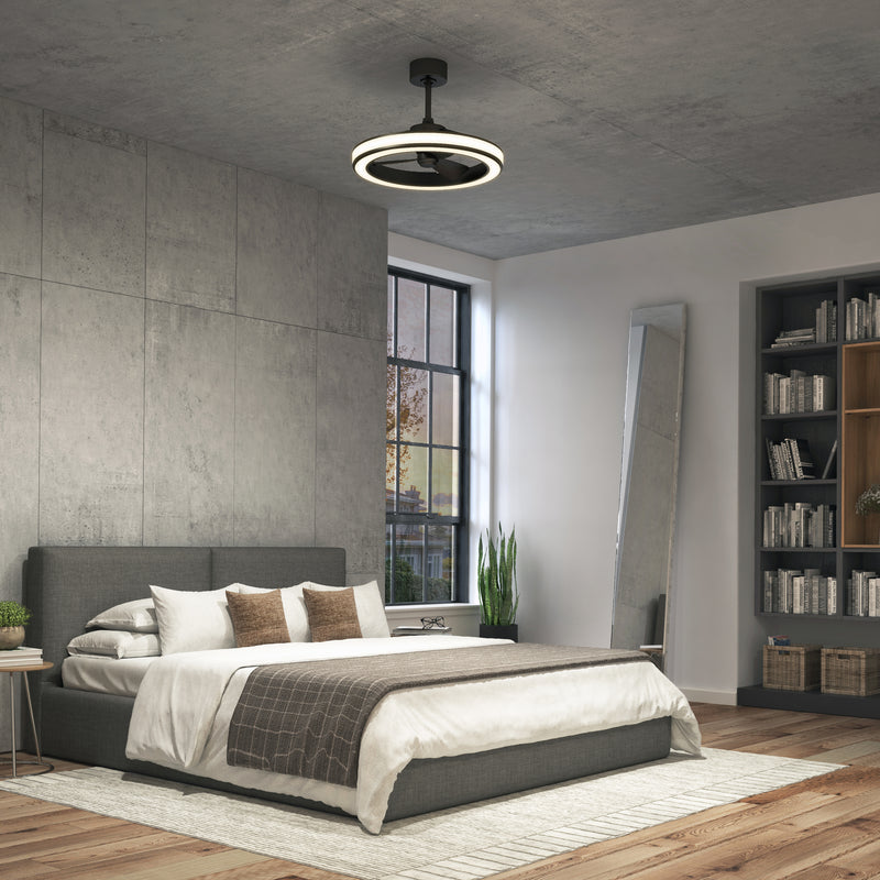 Modern bedroom with a gray bed, large window, tall mirror, bookshelf, and the Artika Edwin 23 in. LED fandelier ceiling fan.