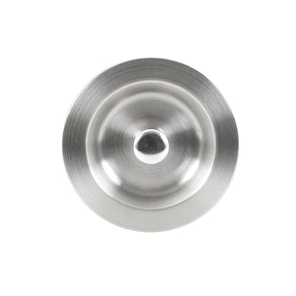 The image shows the circular lid of the Artika Neoflow single bowl stainless steel sink, featuring a brushed finish and a central knob, viewed from above against a white background.