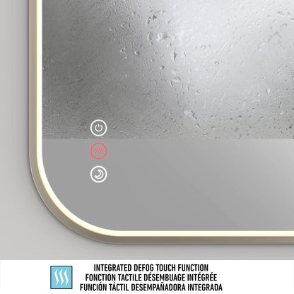 Close-up of the Artika Royce Dimmable LED Mirror, 3 CCT, showing illuminated touch buttons with a red defog icon. Features integrated defogger and adjustable color temperature, with multilingual descriptions below. Suitable for horizontal or vertical mount.