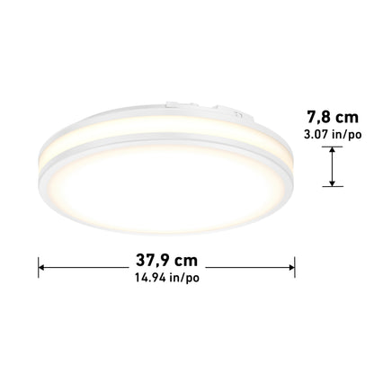 The Artika Hemisphere 15 in. LED flush mount light (5 CCT) is a round white ceiling fixture with illuminated rings, measuring 14.94 in. diameter and 3.07 in. height, shown from a slightly angled bottom view.