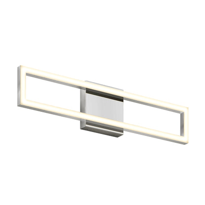 The Artika-CAN-dev Dover modern LED bathroom vanity light 5 CCT is a wall-mounted fixture with a polished metal rectangular open frame, casting a soft white glow around the frame.