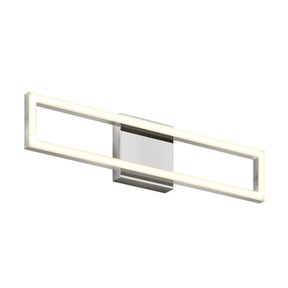 The Artika Dover modern LED bathroom vanity light 5 CCT features a chrome finish and mounts on a square base. Its thin, rectangular illuminated frame emits a soft, even glow, perfect for contemporary spaces.