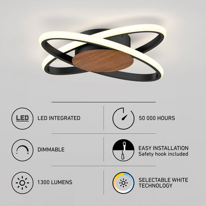 Artika Atomic 15 in. (38 cm) Modern LED Flush Mount Ceiling Light 5 CCT with black circular rings, a wood-grain center, and 5 CCT setting icons.