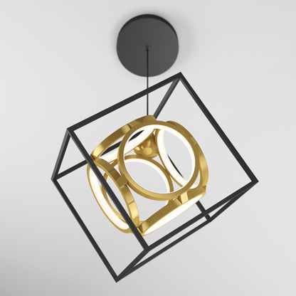 The Artika Mini Luxury LED pendant light features a black wireframe cube around a gold geometric structure with circular LED lights, suspended from a black ceiling mount and shown against a white background.