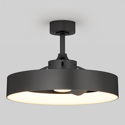 The Austin 23 in. LED modern ceiling fan by Artika-CAN-dev features a black circular frame, wide illuminated surface, and minimal contemporary design. It mounts on a short rod with a round base and includes a remote for convenience.