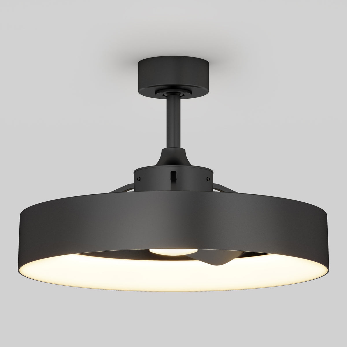 Modern black ceiling light fixture with a wide, circular shade and a diffused, glowing light, mounted on a short black rod against a plain light gray background.