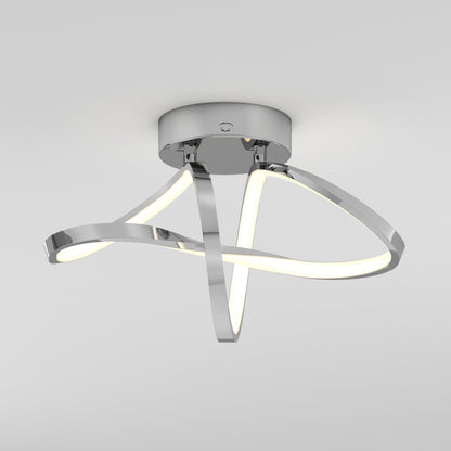 A modern ceiling light fixture with a chrome base and three intertwined, curved LED light strips, creating an abstract, sculptural appearance against a plain white background.