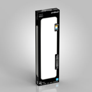 A rectangular Artika Europa 48 LED flush mount light with remote is shown in black packaging, featuring product specs and images of the light on a gray background.