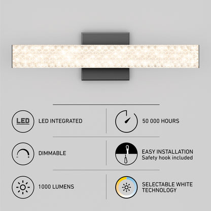 The Artika Adeline modern LED bathroom vanity light features a rectangular frosted cover and icons showing: integrated LED, 50,000-hour lifespan, dimmable, easy installation, 1,000 lumens, and selectable 3 CCT white technology.