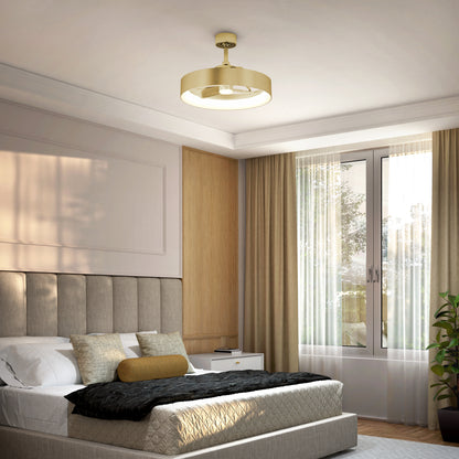 A modern bedroom with a beige upholstered bed, pillows, a black throw, a nightstand, large window with sheer curtains, and a gold ceiling light fixture. Natural light fills the room, and a plant is in the corner.