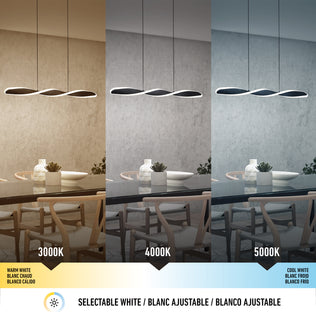 Three-panel image of a modern dining room with the Artika Finley Linear LED pendant light. Left: warm white (3000K). Middle: neutral white (4000K). Right: cool white (5000K). Showcases selectable CCT color temperatures.