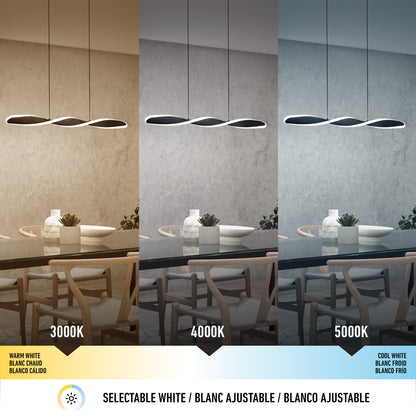 Three-panel image of a modern dining room with the Artika Finley Linear LED pendant light. Left: warm white (3000K). Middle: neutral white (4000K). Right: cool white (5000K). Showcases selectable CCT color temperatures.
